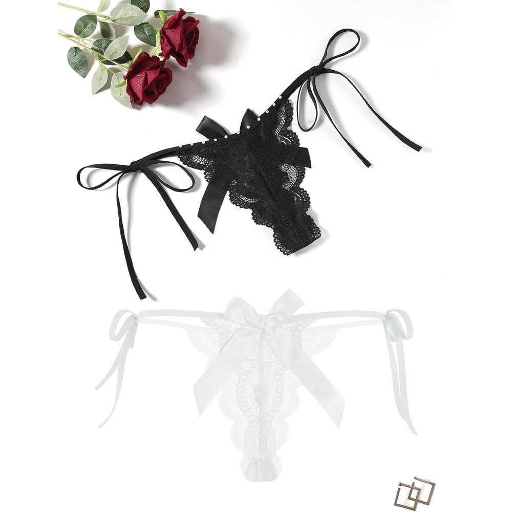 image:imageAvidlove Womens Lace Panties T Back Underwear Sexy Gstring Thong VShape Floral Lace Tangas With Bow And PearlBlackWhite