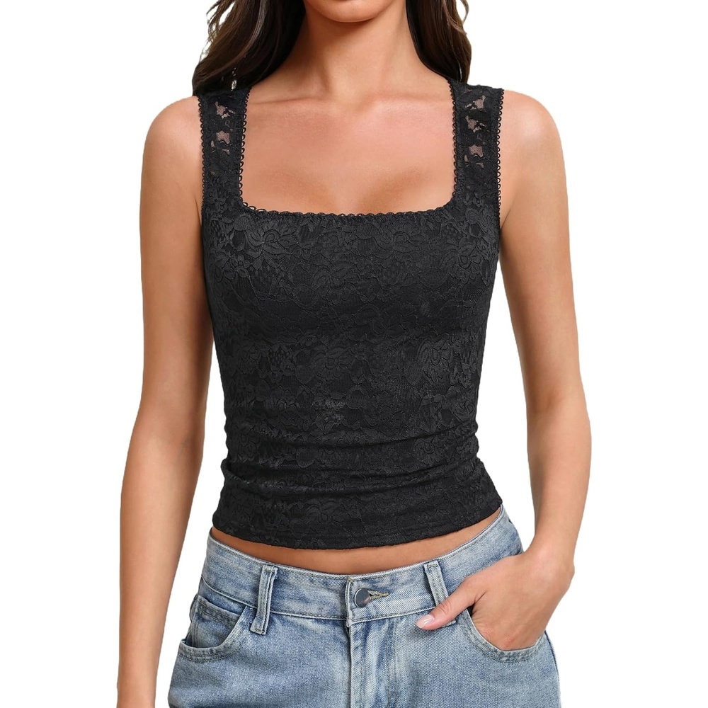 image:imageAvidlove Womens Lace Tank Top Square Neck Double Lined Going Out Tops Basic Slim Fit SummerBlack