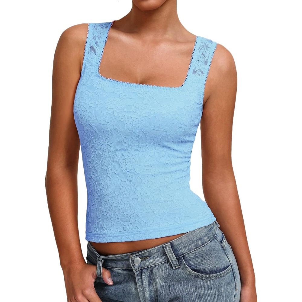 image:imageAvidlove Womens Lace Tank Top Square Neck Double Lined Going Out Tops Basic Slim Fit SummerLight Blue