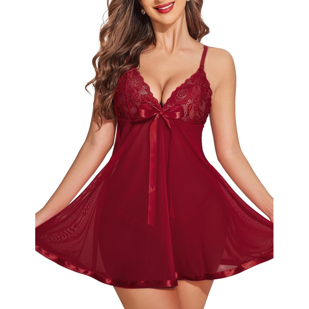 image:imageAvidlove Womens Lingerie Lace Babydoll Strap Chemise Mesh Sleepwear VNeck Sexy NightyWine Red 2