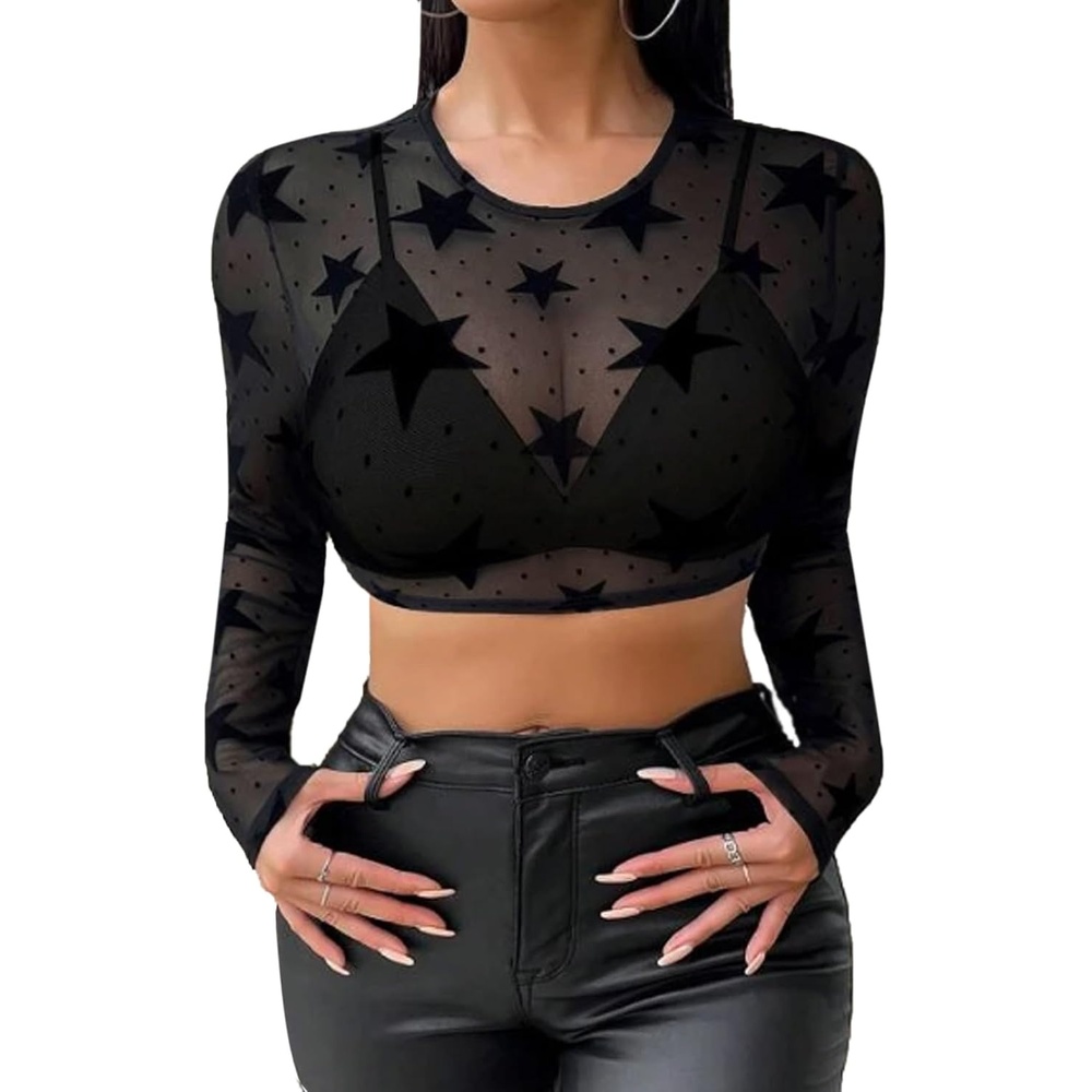 image:imageAvidlove Womens Mesh Tops Long Sleeve See Through Tee Shirt Crop Sheer Blouse Sexy Clubwear XS4XLAfpattern 11