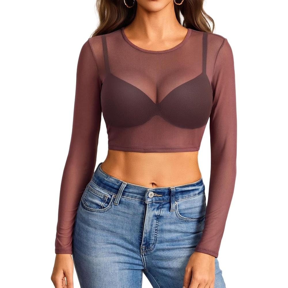image:imageAvidlove Womens Mesh Tops Long Sleeve See Through Tee Shirt Crop Sheer Blouse Sexy Clubwear XS4XLDusty Rose