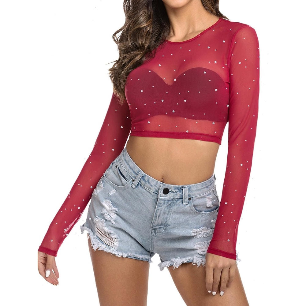 image:imageAvidlove Womens Mesh Tops Long Sleeve See Through Tee Shirt Crop Sheer Blouse Sexy Clubwear XS4XLZ Wine Red With Rhinestone