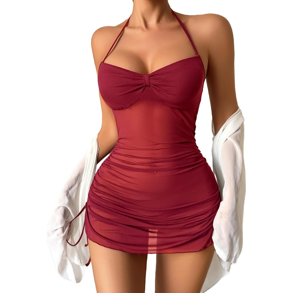 image:imageAvidlove Womens Sexy Bodycon Corset Mini Dresses V Neck Ruched Sleeveless Club Party Short Dress SXXLWine Red