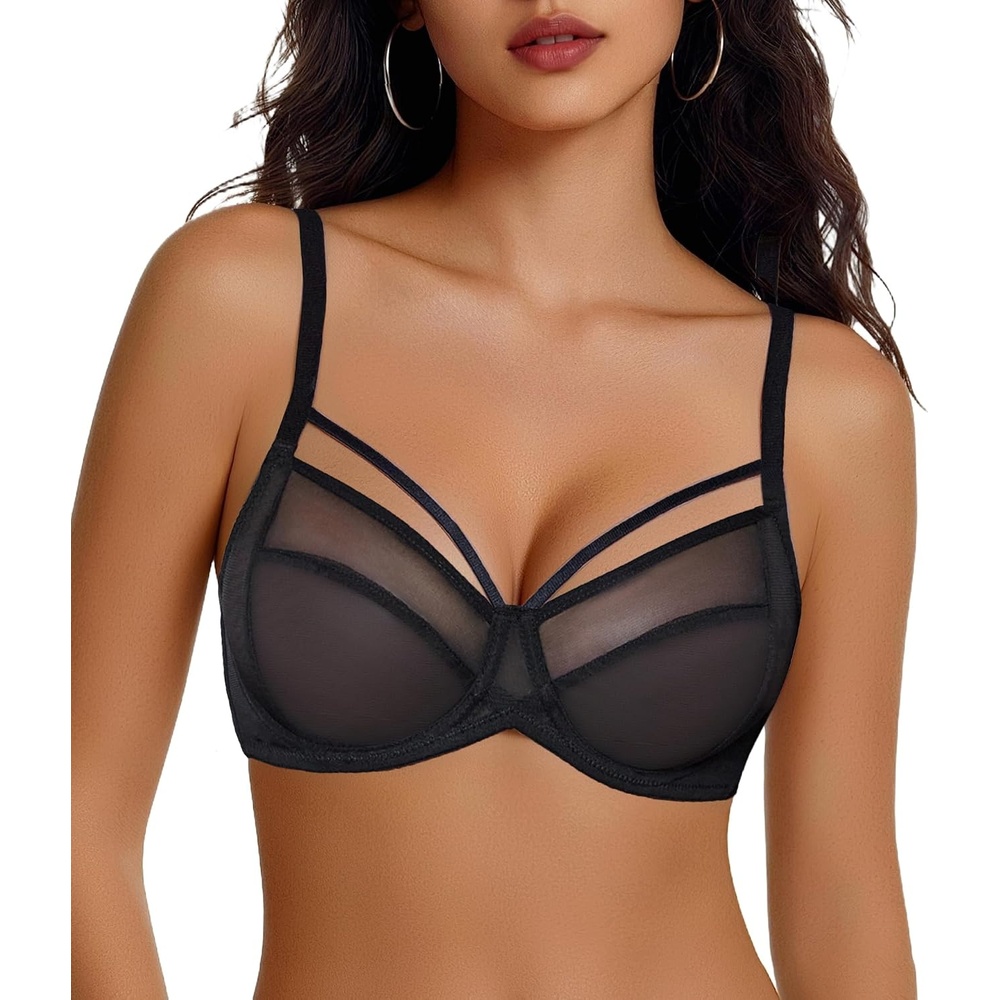 image:imageAvidlove Womens Sexy Bras Sheer Mesh Bra Unlined Underwire Bras Strappy Lightweight See Through Lingerie BraBlack