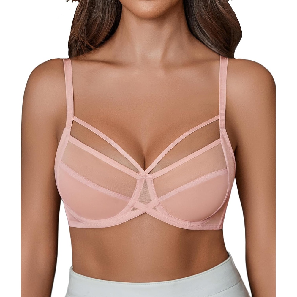 image:imageAvidlove Womens Sexy Bras Sheer Mesh Bra Unlined Underwire Bras Strappy Lightweight See Through Lingerie BraPink