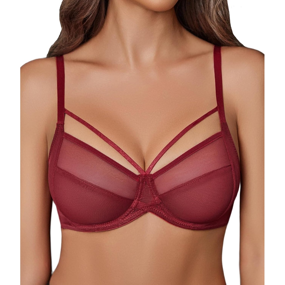 image:imageAvidlove Womens Sexy Bras Sheer Mesh Bra Unlined Underwire Bras Strappy Lightweight See Through Lingerie BraWine Red