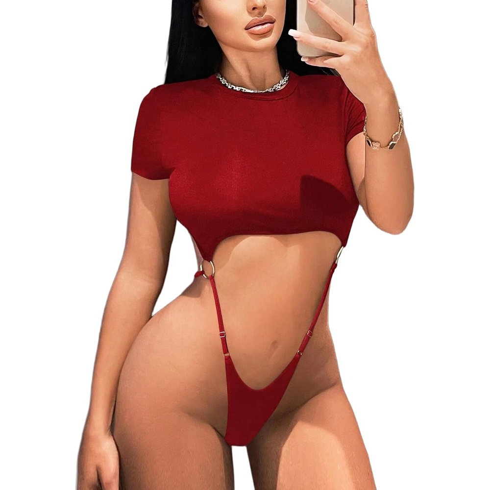 image:imageAvidlove Womens Sexy Cut Out Lingerie Bodysuit Short Sleeve Tshirt Body Suits Slim Fit Crew Neck Crop TopsWine Red