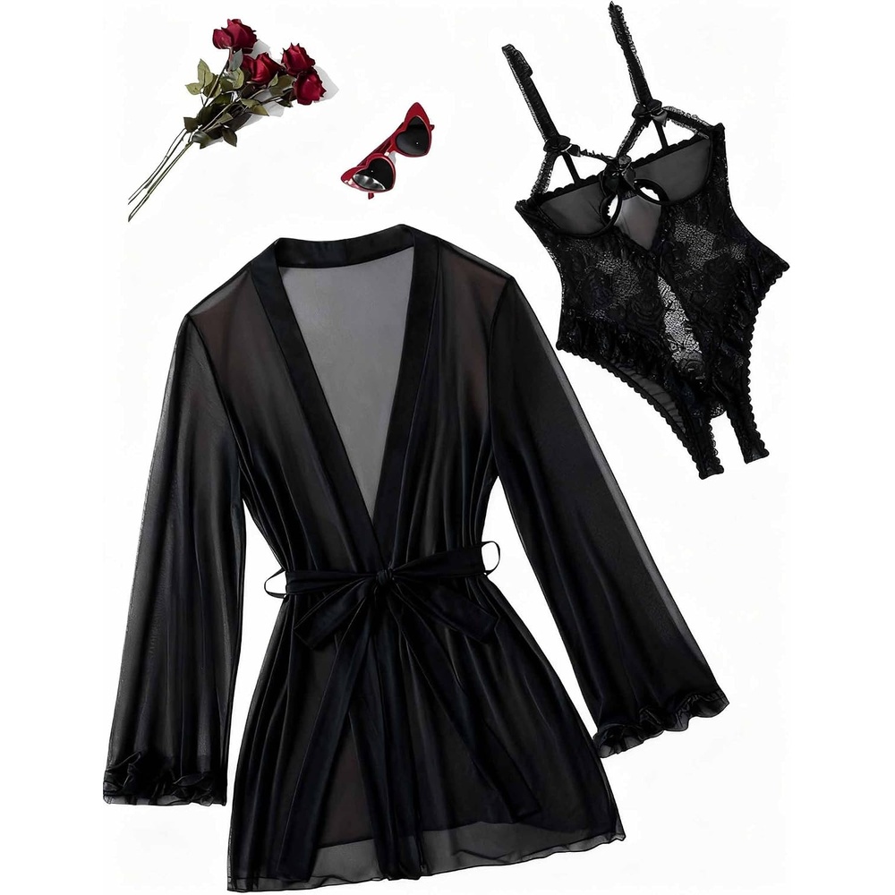 image:imageAvidlove Womens Sexy Lingerie Set 2 Pieces Cutout Teddy Bodysuit with Sheer Kimono Robe Mesh Nightwear Boudoir OutfitsBlack