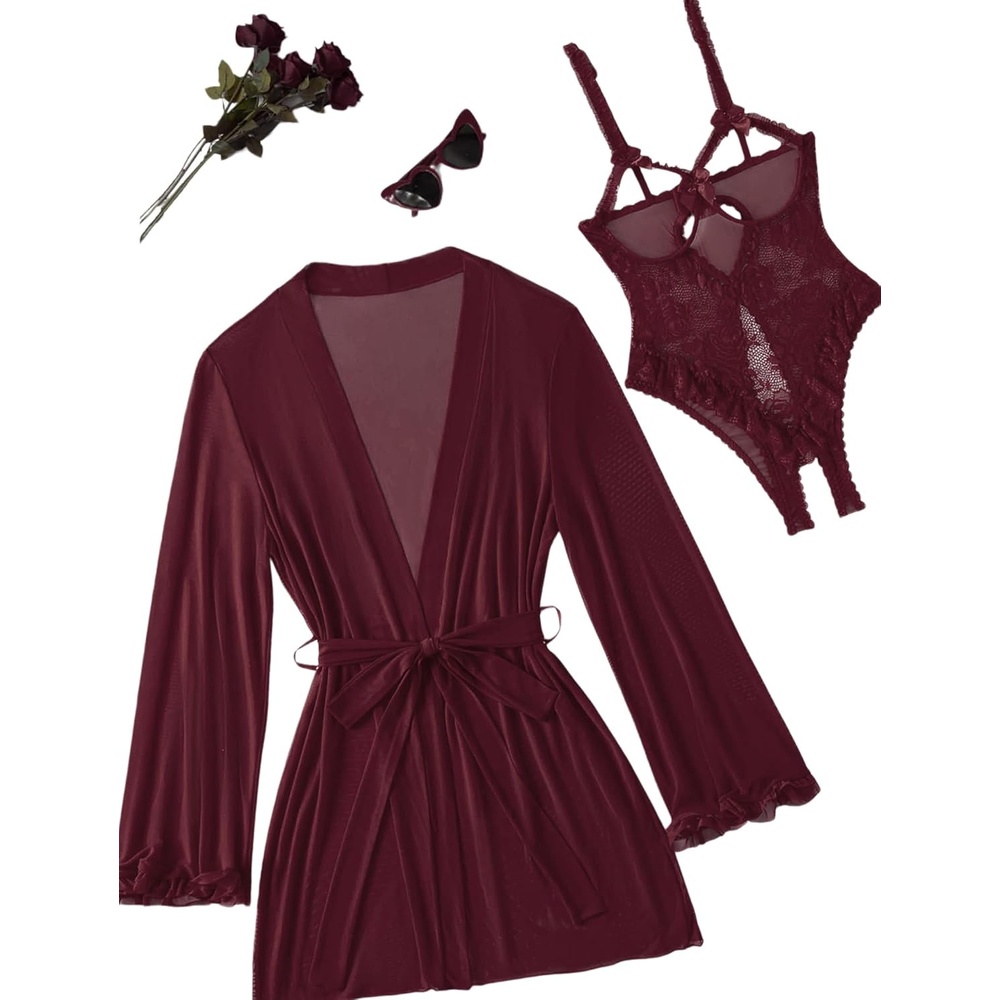image:imageAvidlove Womens Sexy Lingerie Set 2 Pieces Cutout Teddy Bodysuit with Sheer Kimono Robe Mesh Nightwear Boudoir OutfitsDark Red