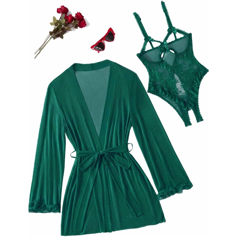 image:imageAvidlove Womens Sexy Lingerie Set 2 Pieces Cutout Teddy Bodysuit with Sheer Kimono Robe Mesh Nightwear Boudoir OutfitsLake Green