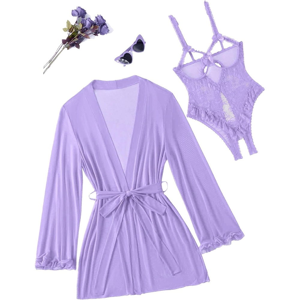 image:imageAvidlove Womens Sexy Lingerie Set 2 Pieces Cutout Teddy Bodysuit with Sheer Kimono Robe Mesh Nightwear Boudoir OutfitsLilac