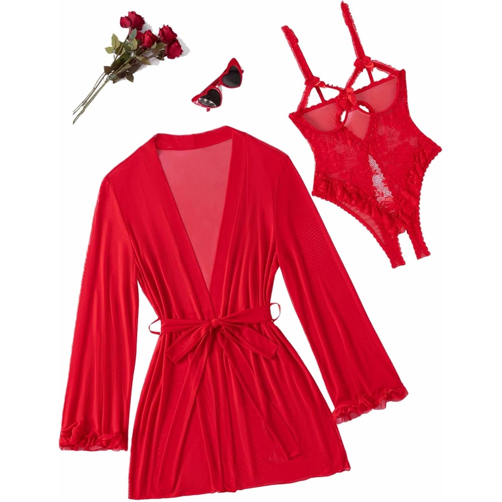 image:imageAvidlove Womens Sexy Lingerie Set 2 Pieces Cutout Teddy Bodysuit with Sheer Kimono Robe Mesh Nightwear Boudoir OutfitsRed