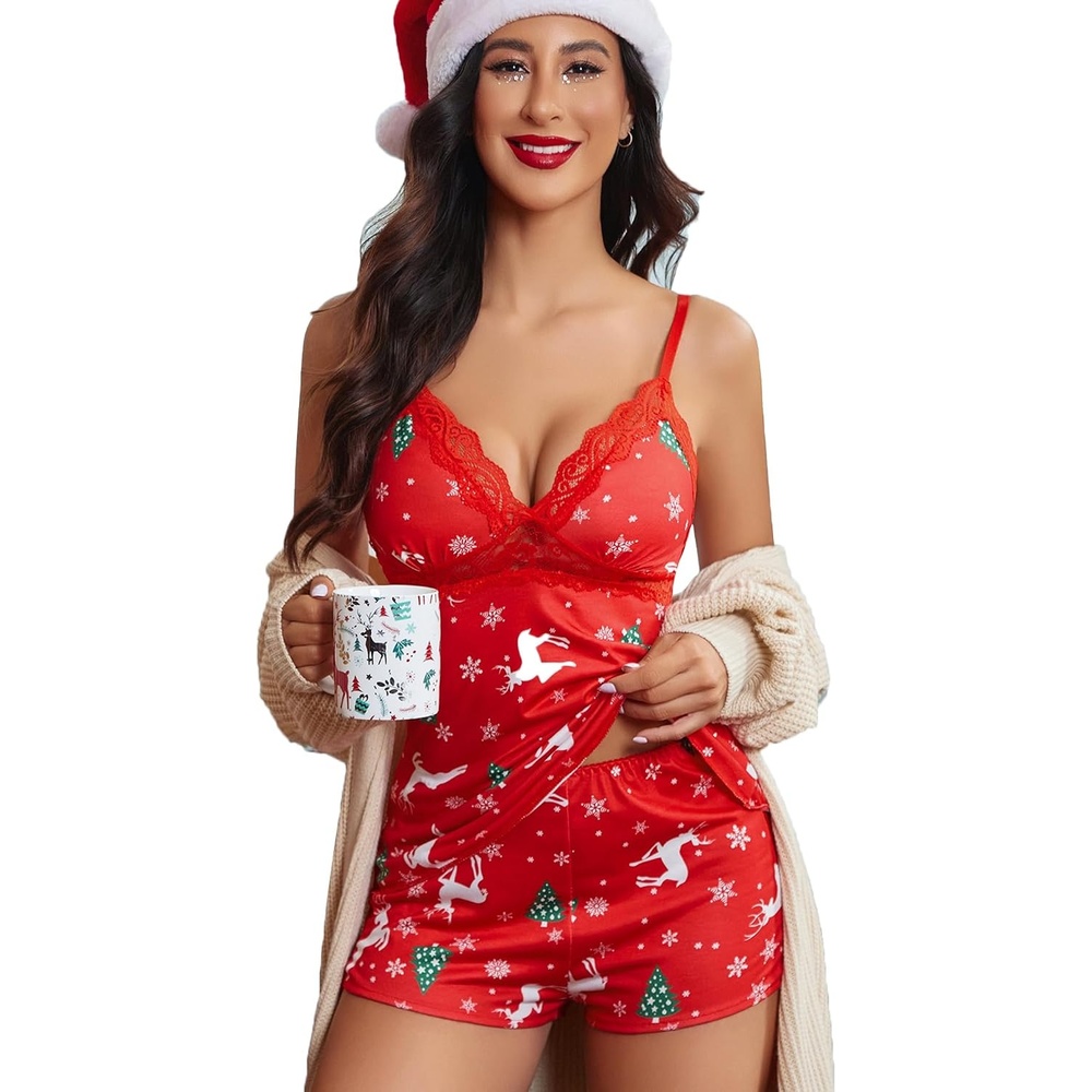 image:imageAvidlove Womens Sleepwear Lace Pajamas Cami PJS Set Pajama Set for WomenRed Christmas Print