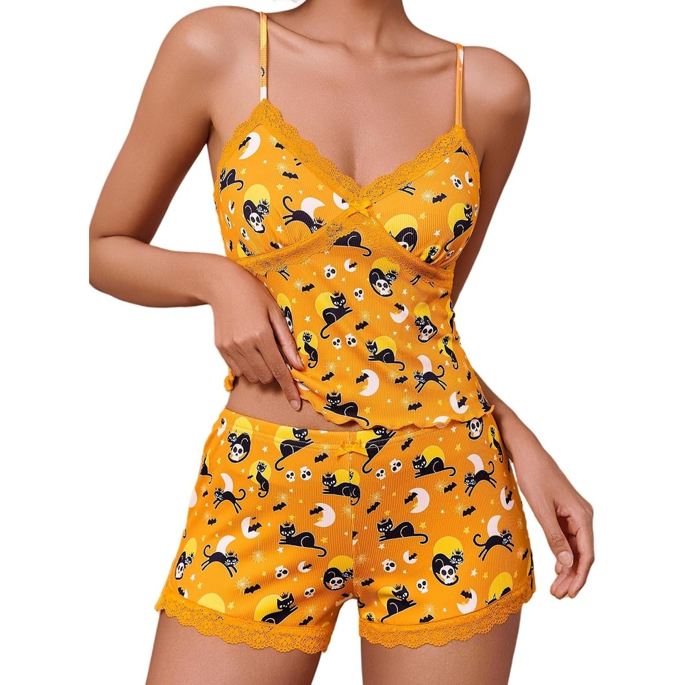 image:imageAvidlove Womens Soft Ribbed Knit Cami Pajama Set Sexy V Neck Lace Trim Sleepwear Side Slit Shorts Lingerie NightwearHalloween Orange