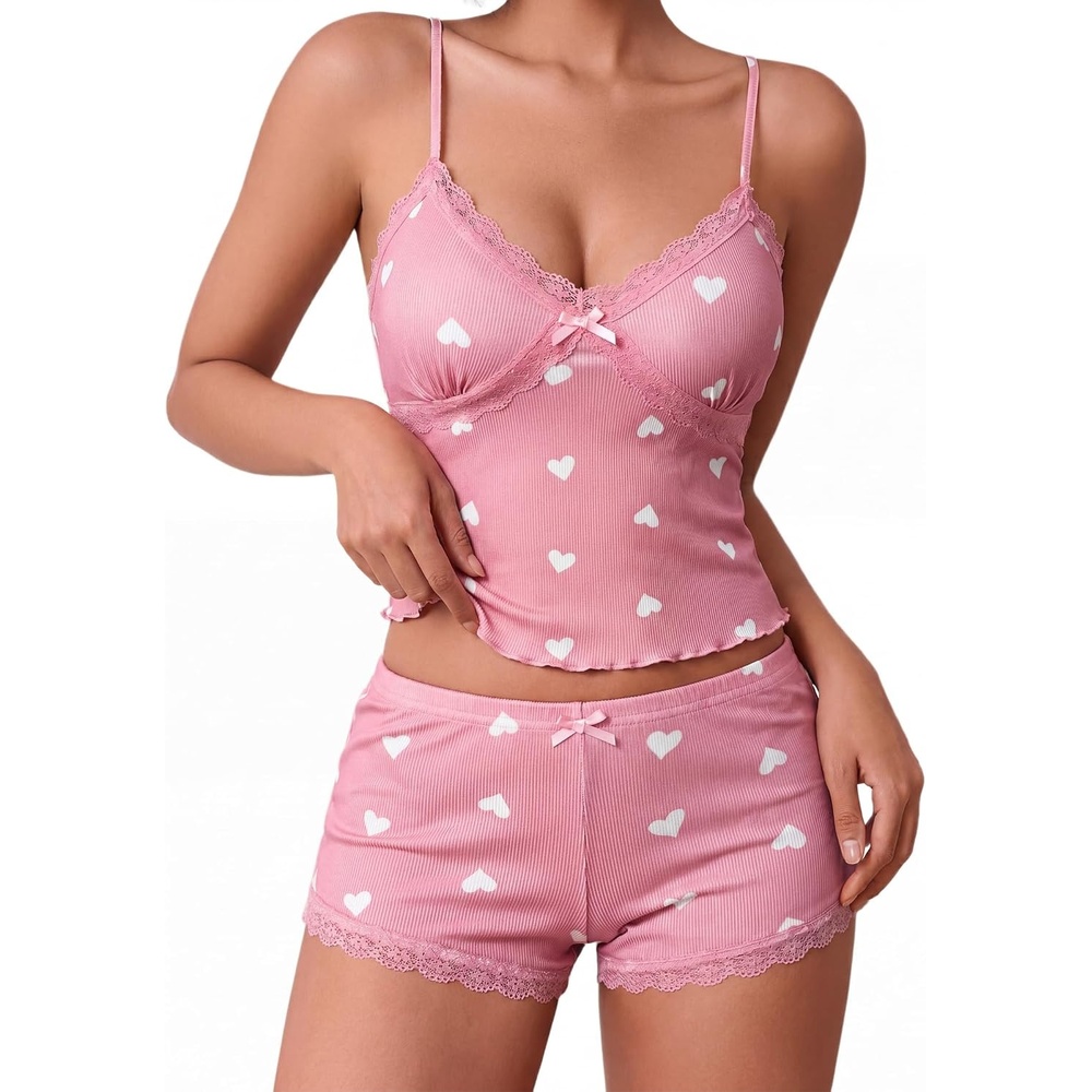 image:imageAvidlove Womens Soft Ribbed Knit Cami Pajama Set Sexy V Neck Lace Trim Sleepwear Side Slit Shorts Lingerie NightwearPink Love Heart