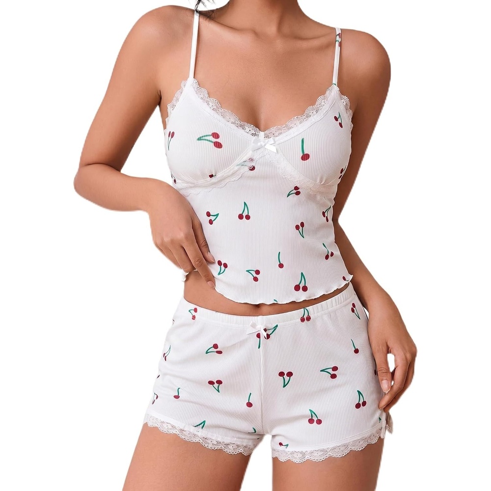 image:imageAvidlove Womens Soft Ribbed Knit Cami Pajama Set Sexy V Neck Lace Trim Sleepwear Side Slit Shorts Lingerie NightwearWhite Cherry