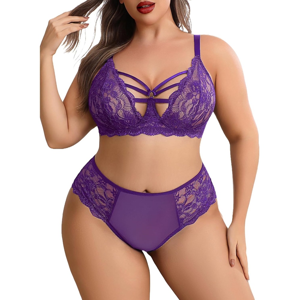 image:imagePlus Size Lingerie Set for Women Lace Bra Panties Set 2 Piece Lingerie  Sexy Lingerie sheer underwearV neckAdjustable strapsmatching lingerie Naughty OutfitsPurple