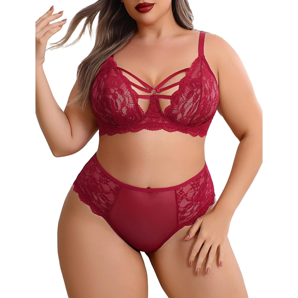 image:imagePlus Size Lingerie Set for Women Lace Bra Panties Set 2 Piece Lingerie  Sexy Lingerie sheer underwearV neckAdjustable strapsmatching lingerie Naughty OutfitsDark Red