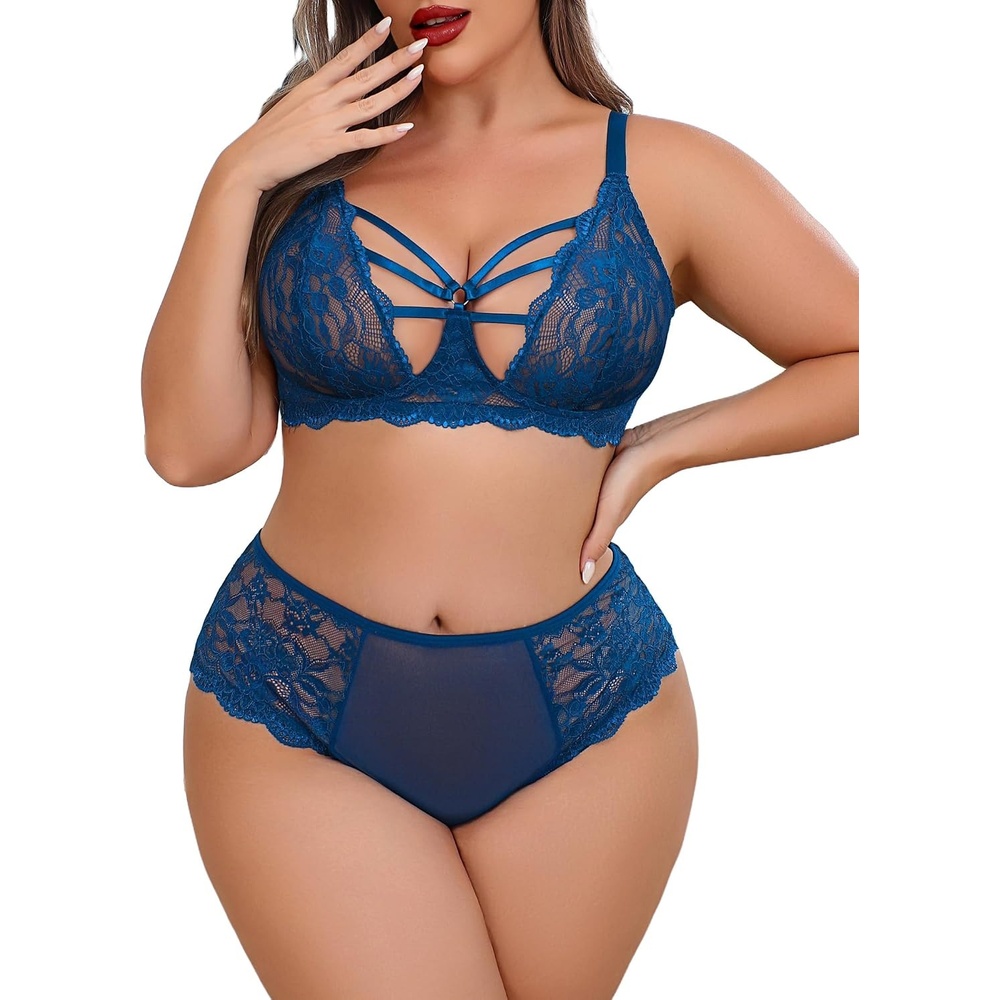 image:imagePlus Size Lingerie Set for Women Lace Bra Panties Set 2 Piece Lingerie  Sexy Lingerie sheer underwearV neckAdjustable strapsmatching lingerie Naughty OutfitsRoyal Blue