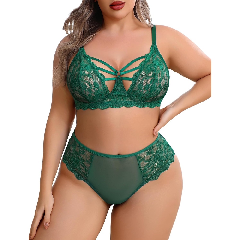 image:imagePlus Size Lingerie Set for Women Lace Bra Panties Set 2 Piece Lingerie  Sexy Lingerie sheer underwearV neckAdjustable strapsmatching lingerie Naughty OutfitsDark Green