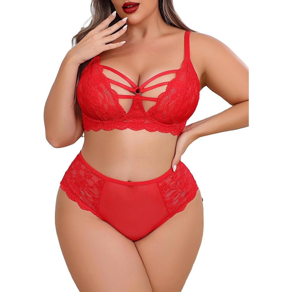 image:imagePlus Size Lingerie Set for Women Lace Bra Panties Set 2 Piece Lingerie  Sexy Lingerie sheer underwearV neckAdjustable strapsmatching lingerie Naughty OutfitsCarmine Red