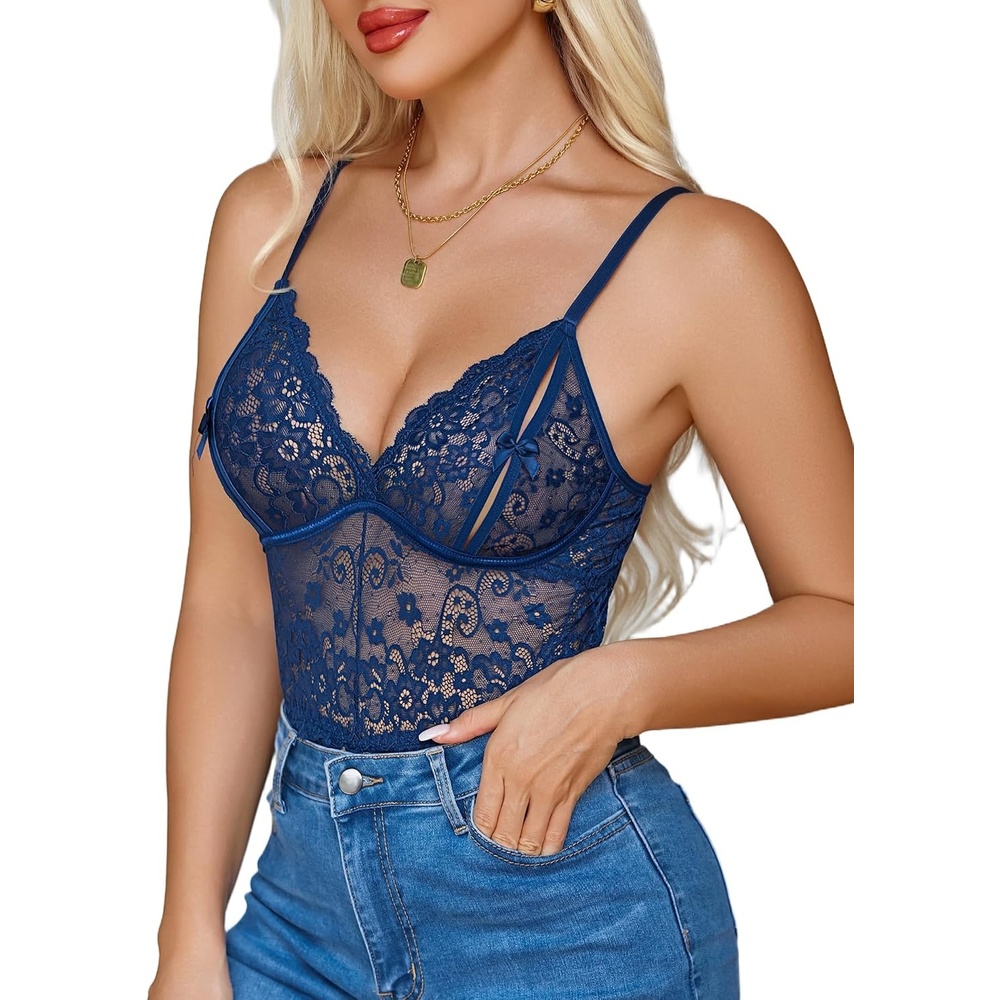 image:imageSexy Teddy Lingerie for Women Lace Bodysuit One Piece Mini Babydoll  Mesh Body suit Sheer Lingerie Hollow outUnique CrotchOne PieceV Neck Adjustable strapsNightwearGoingt OutClubNavy Blue