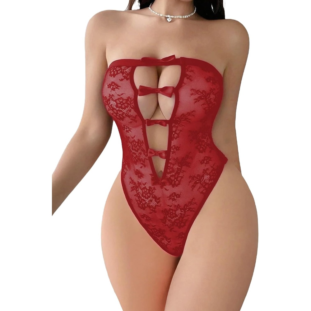 image:imageWomen Sexy Lingeries Deep V Teddy Lingerie Lace Bodysuit Mini Babydoll  Lingerie for women sheer bodysuit Hollow outSnap CrotchOne PieceRemovableAdjustable strapsSXXLDark Red