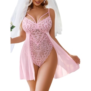 Avidlove Babydoll Lingerie for Women Floral Snap Crotch Teddy Chemise Nightie Lace Nightgown(Pink)