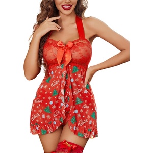 Avidlove Babydoll Lingerie for Women Open Front Lace Chemise with Panty | Women’s lingerie set, adjustable halter, floral lace cups, ruffle hem, romantic sleepwear, wife gift(Christmas Red)