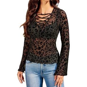 Avidlove Bell Sleeve Criss Cross V Neck Tops for Women Sheer Mesh Shirt Going Out Blouses(Leopard An59)