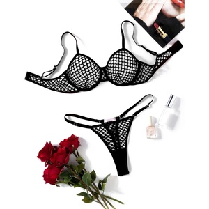 Avidlove Fishnet Lingerie Set Hollow Out Push Up Bra and Sheer Thong Women’s Sexy Lingerie Underwear 2 Piece(Black)