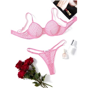 Avidlove Fishnet Lingerie Set Hollow Out Push Up Bra and Sheer Thong Women’s Sexy Lingerie Underwear 2 Piece(Deep Pink)