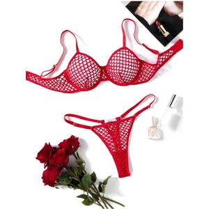 Avidlove Fishnet Lingerie Set Hollow Out Push Up Bra and Sheer Thong Women’s Sexy Lingerie Underwear 2 Piece(Deep Red)