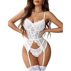 Avidlove Garter Lingerie for Women Floral Lace Babydoll Bodysuit Bra and Panty Set(White)