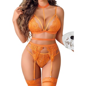 Avidlove Lace Garter Lingerie Set with Removable Choker Teddy Babydoll Strappy Bra and Panty Set (No Stockings)(Orange)