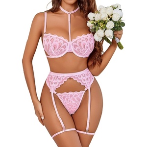 Avidlove Lingerie For Women Sexy Bra And Panty Sets With Garter Belt 3 Piece Underwire Lingeries Set Babydoll Bodysuit(Pink)