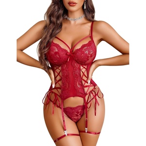Avidlove Lingerie Set for Women Lace Corset and Panty Outfits Garter Belt Lingerie Teddy Babydoll(Wine Red)