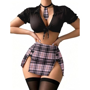 Avidlove Lingerie Set for Women Sexy Schoolgirl Outfits Costume Mesh Sheer Tie Top and Mini Skirt with Thong(Black & Pink)