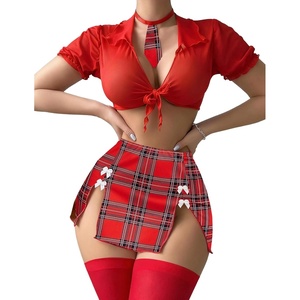 Avidlove Lingerie Set for Women Sexy Schoolgirl Outfits Costume Mesh Sheer Tie Top and Mini Skirt with Thong(Red)