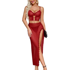 Avidlove Lingerie Sets for Women Sexy Lace Side Split Nightgown 3 Piece Set | Sheer Mesh, Floral Lace, Ultra Stretchy, Deep V-Neck, Adjustable Straps, Plus Size Curvy Fit, Wedding Night, Valentine’s Day(Wine Red)