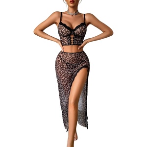 Avidlove Lingerie Sets for Women Sexy Lace Side Split Nightgown 3 Piece Set | Sheer Mesh, Floral Lace, Ultra Stretchy, Deep V-Neck, Adjustable Straps, Plus Size Curvy Fit, Wedding Night, Valentine’s Day(Leopard Print)