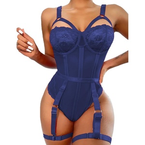 Avidlove Lingerie Sets for Women Sexy Lace Skull Corset with Garter Belt One Piece Teddy Bodysuit(Navy Blue)