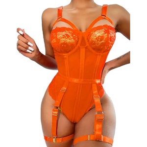 Avidlove Lingerie Sets for Women Sexy Lace Skull Corset with Garter Belt One Piece Teddy Bodysuit(Orange)