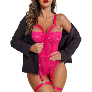 Avidlove Lingerie Sets for Women Sexy Lace Skull Corset with Garter Belt One Piece Teddy Bodysuit(Rose Red)