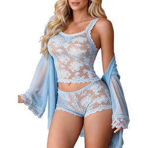 Avidlove Lingerie for Women 3 Piece Lingerie Set Floral Lace Cami Sleepwear with Kimono Robe Pajama Set(Baby Blue)