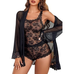 Avidlove Lingerie for Women 3 Piece Lingerie Set Floral Lace Cami Sleepwear with Kimono Robe Pajama Set(Black)