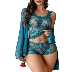 Avidlove Lingerie for Women 3 Piece Lingerie Set Floral Lace Cami Sleepwear with Kimono Robe Pajama Set(Blue Green)