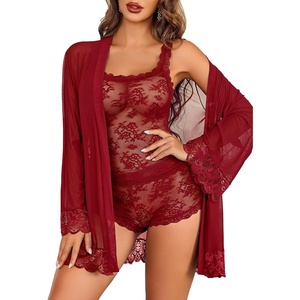 Avidlove Lingerie for Women 3 Piece Lingerie Set Floral Lace Cami Sleepwear with Kimono Robe Pajama Set(Dark Red)