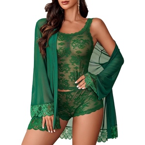 Avidlove Lingerie for Women 3 Piece Lingerie Set Floral Lace Cami Sleepwear with Kimono Robe Pajama Set(Green)